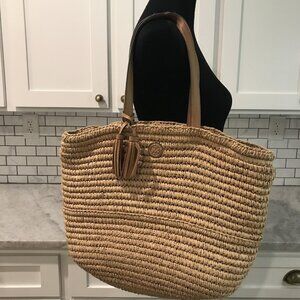 Tory Burch Tote Bag Womens Large Straw Woven Tan Leather Handles Summer Purse